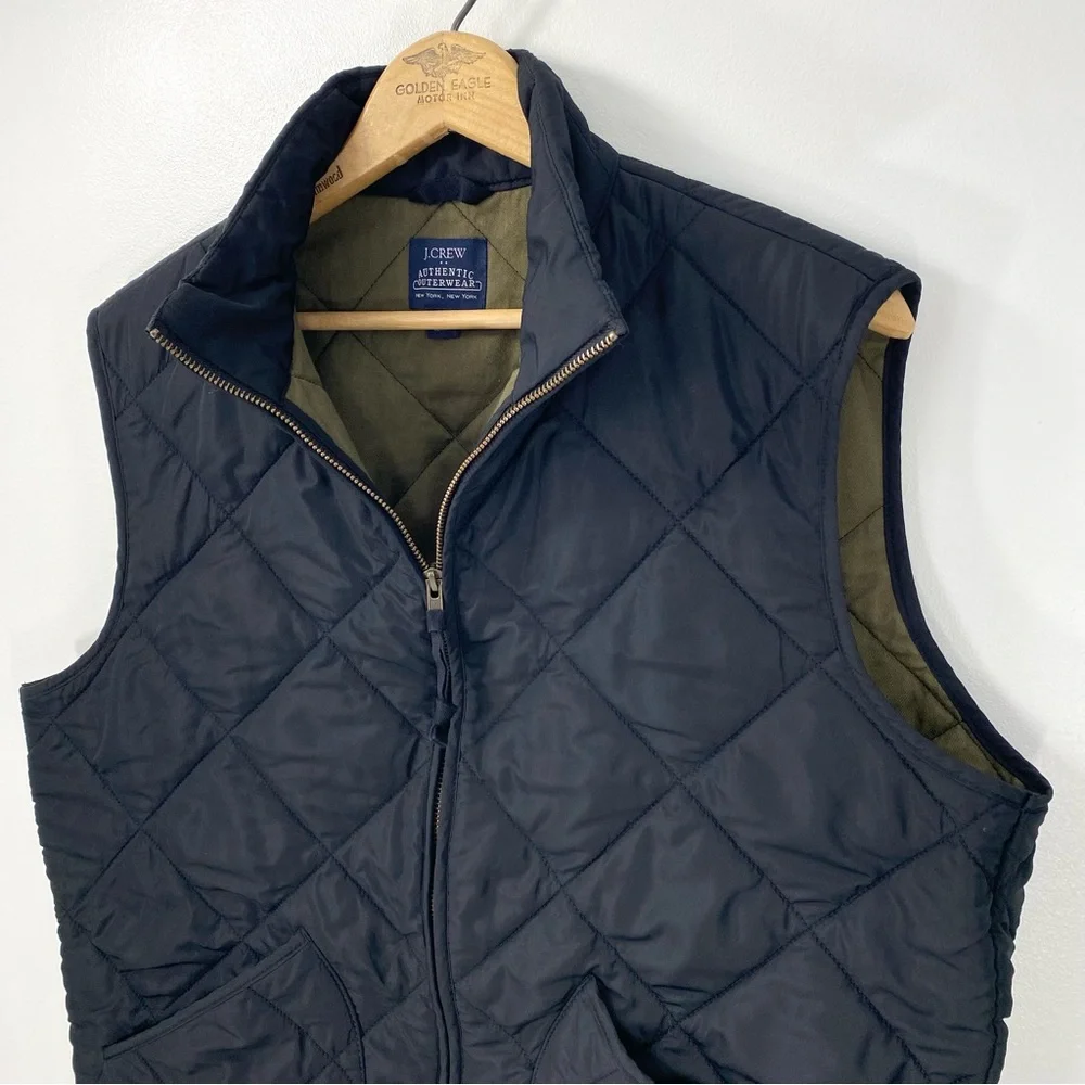 J. Crew Authentic Outerwear New York NY Black Olive Green Quilted Zip Up Vest M